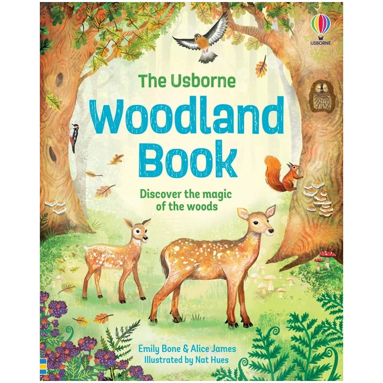 Cover of The Usborne Woodland Book; deer in grassy woods, squirrel, owl, woodpecker, robin, tree trunks, mushrooms; by Emily Bone, Alice James; illustrated by Nat Hues.