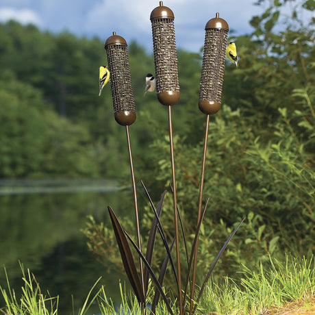 Cattail Wire Mesh Stake, Set of 3, featuring decorative mesh feeders for birds to cling and feed, designed for easy filling and backyard placement.