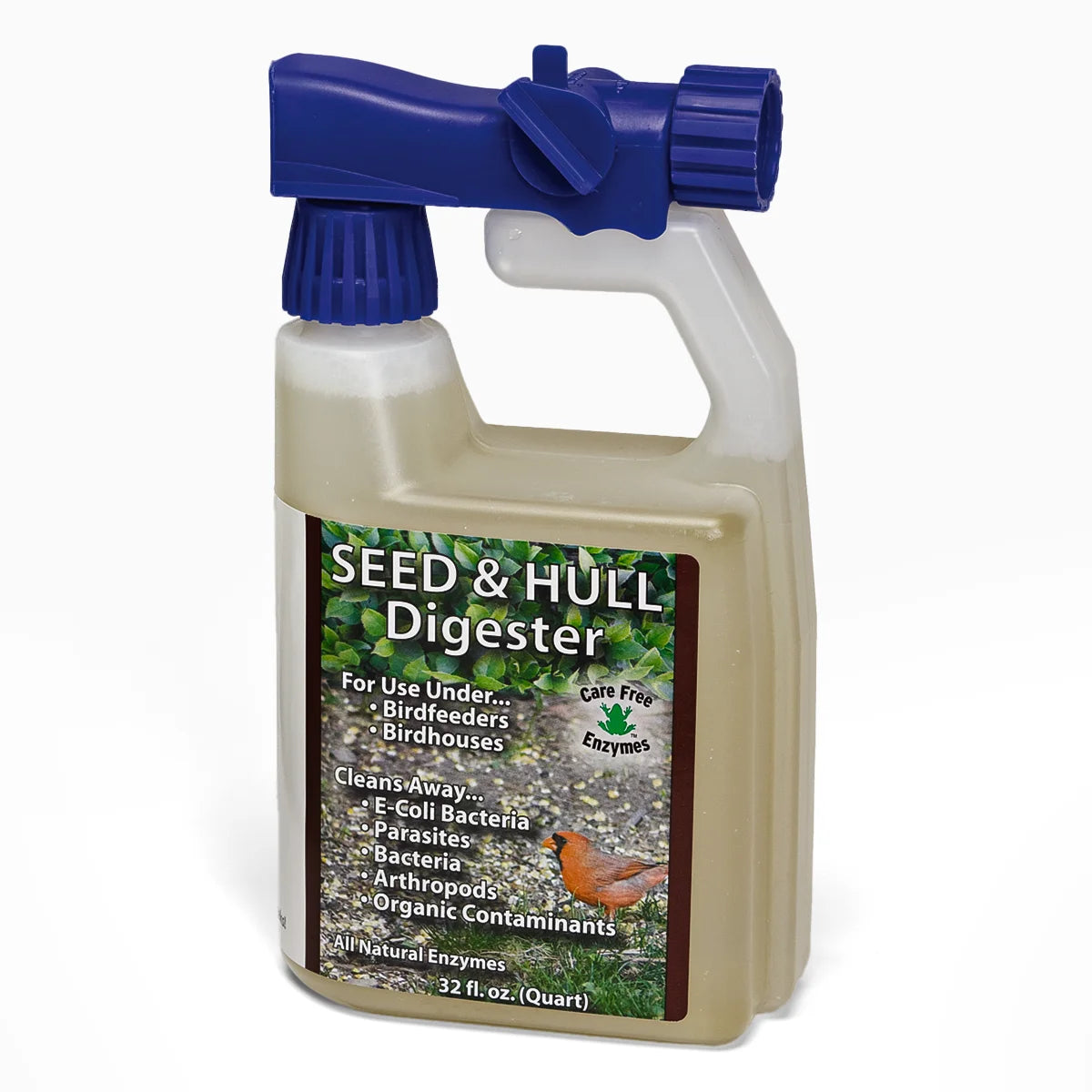 Seed & Hull Digester, 32 oz bottle, attached to a garden hose, for eliminating seed hulls and bacteria around bird feeders, promoting a healthier bird environment.