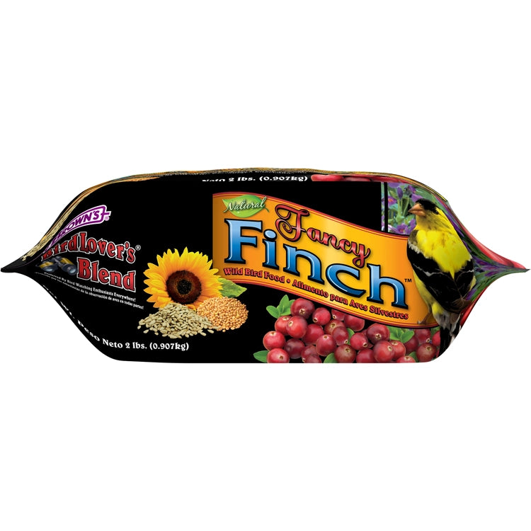 Brown’s Bird Lover’s Blend Fancy Finch wild bird food, 2 lb. bag shown horizontally with colorful finch packaging.
