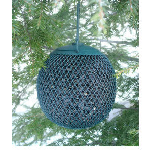 Green Seed Ball bird feeder hanging from a tree, featuring an all-metal mesh design with drainage holes and a metal hanging bail with a chain and S hook.