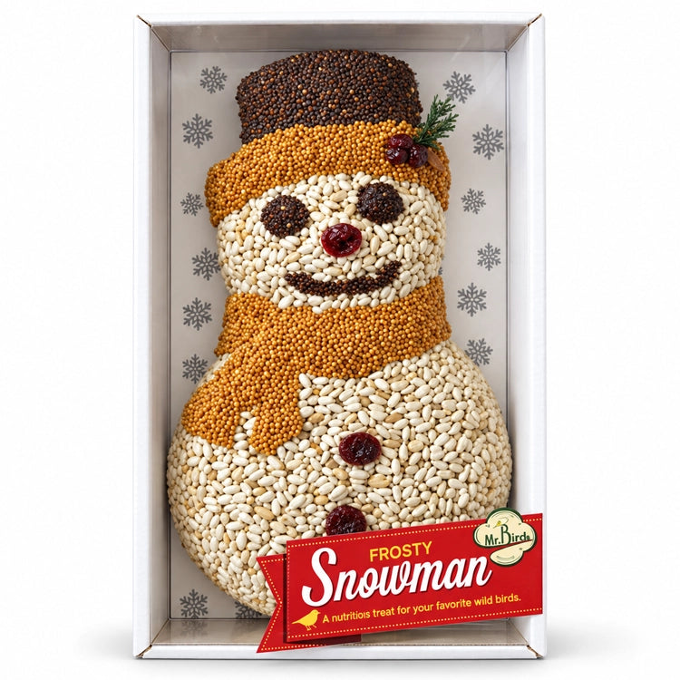 Frosty Snowman birdseed ornament in a white gift box with snowflake backing and red Mr. Bird label.