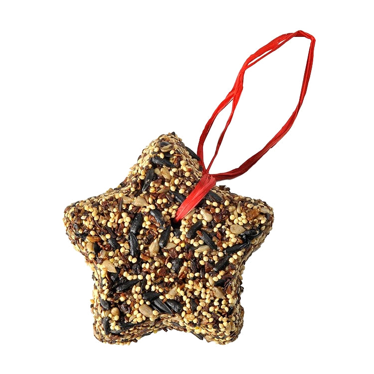 Little Wild Bird Seed Star: Star-shaped bird feeder made of assorted seeds and nuts with a red raffia hanger, perfect for gifting and easy hanging.