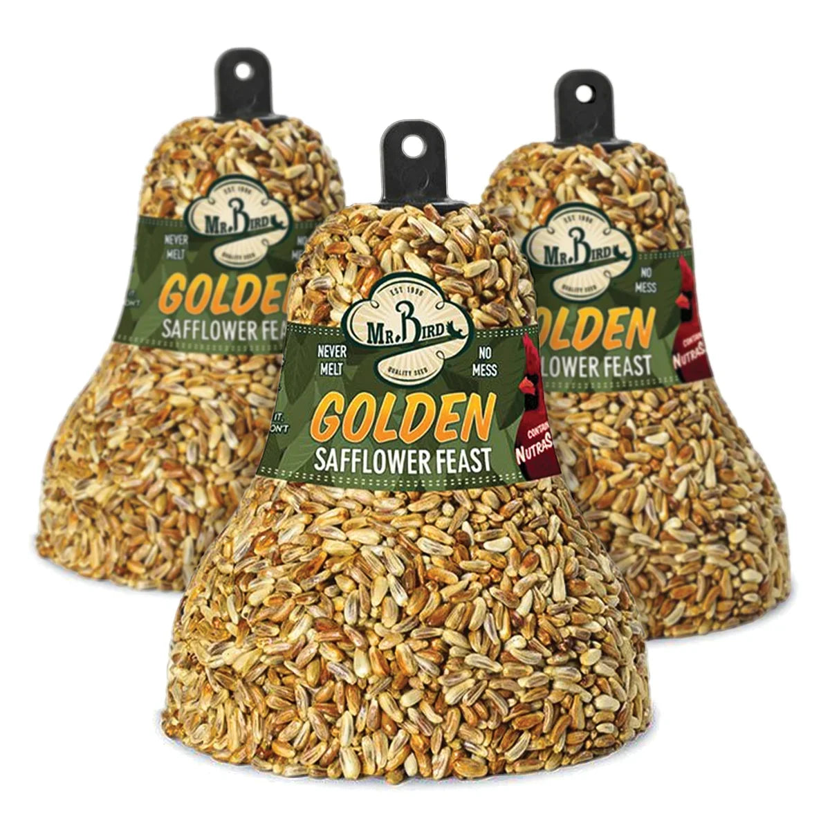 Golden Safflower Feast Bell, Set of 3: Compact safflower seed bird-feed bells with hangers, designed for wild birds, discouraging squirrels, and ensuring a mess-free feeding experience.