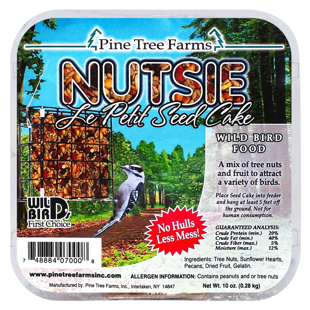 Front label of Pine Tree Farms Nutsie Le Petit Seed Cake, featuring nuts, sunflower hearts, and pecans, designed for suet-style feeders to attract songbirds and woodpeckers.