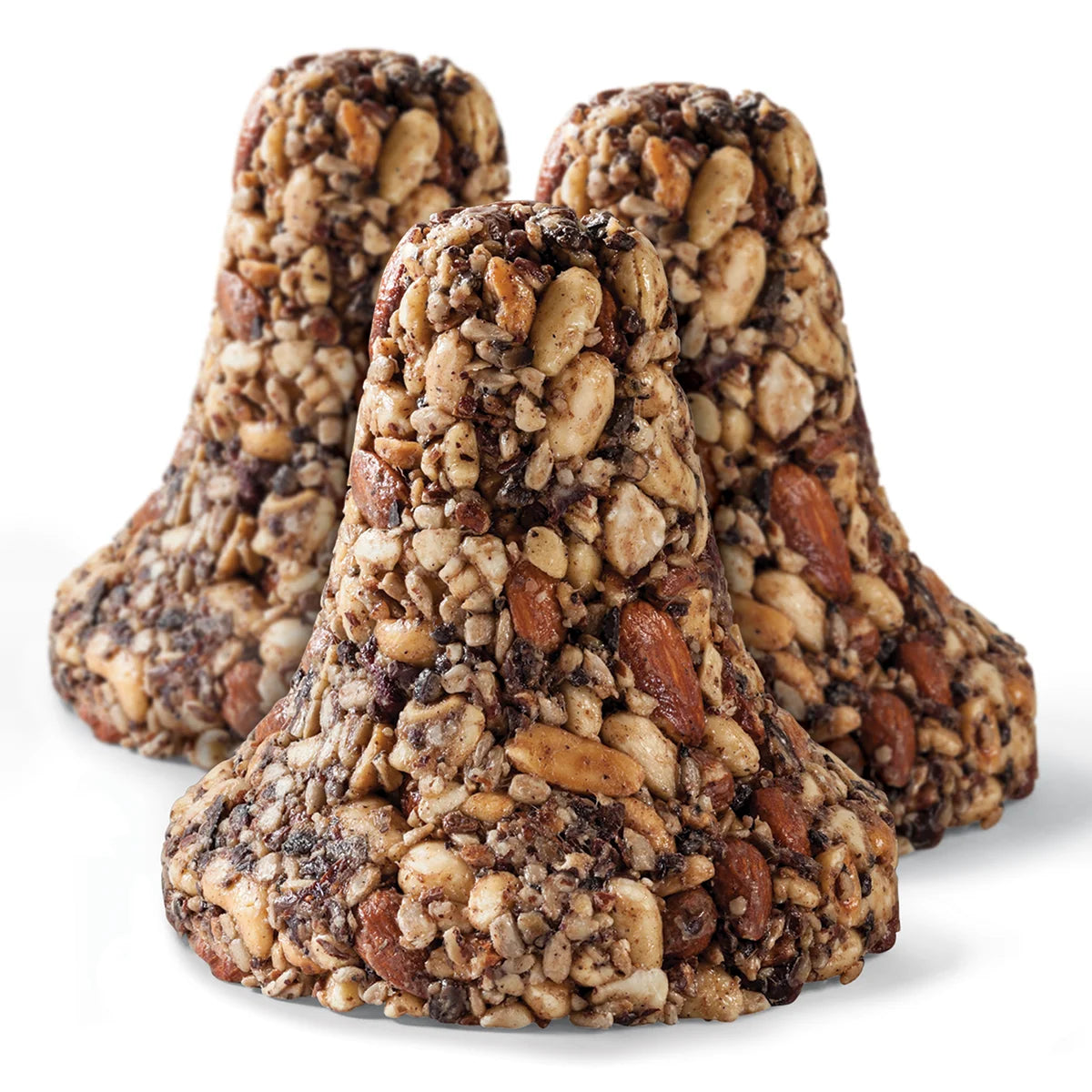 Three Nutsie Bird Seed Bells, molded as cone-shaped clusters of mixed nuts and seeds, ideal for attracting birds with their high-energy, no-waste formula.