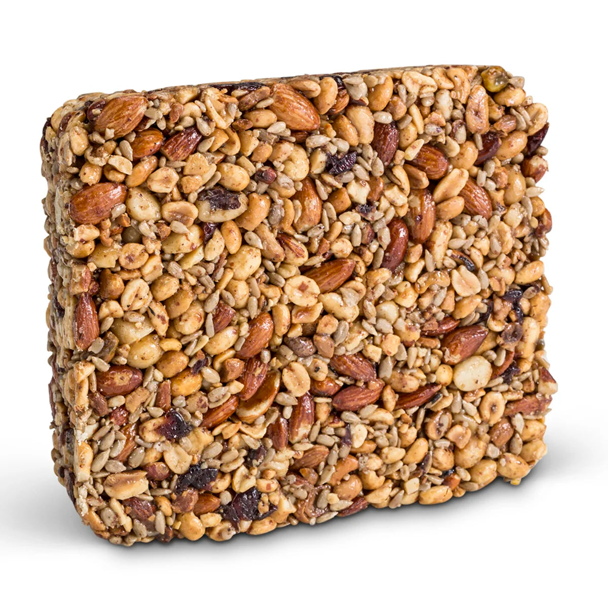 Nutsie Seed Cake, a compact snack bar of almonds, peanuts, sunflower seeds, and dried fruit, perfect for bird feeding with no-mess, high-energy ingredients.