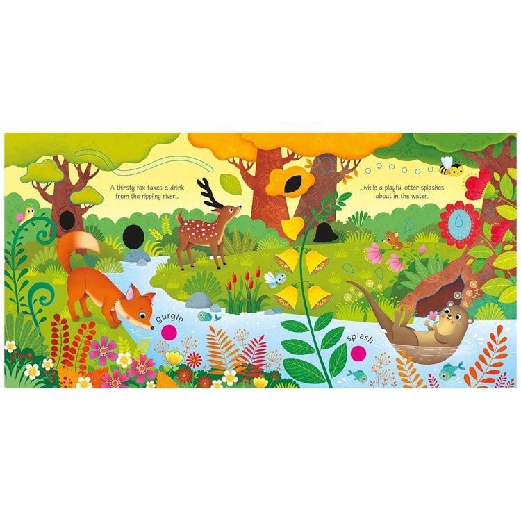 Woodland Sounds: Sam Taplin - A whimsical forest scene with a fox, otter, and deer, illustrating a vibrant interactive sound book for children.