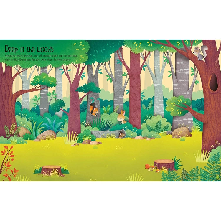 First Sticker Book Nature: Illustrated woodland scene with animals, inviting kids to explore nature through engaging activities and discover forest wonders.