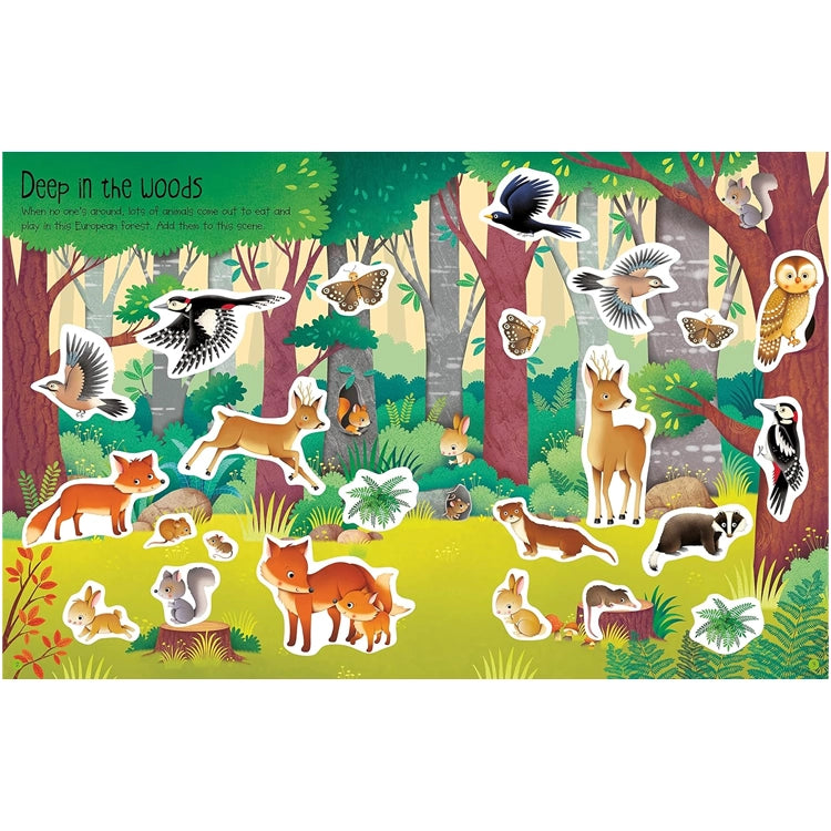 First Sticker Book Nature: Illustrated woodland scene with foxes, deer, and more. Text reads Deep in the Woods, showcasing forest creatures for interactive learning.