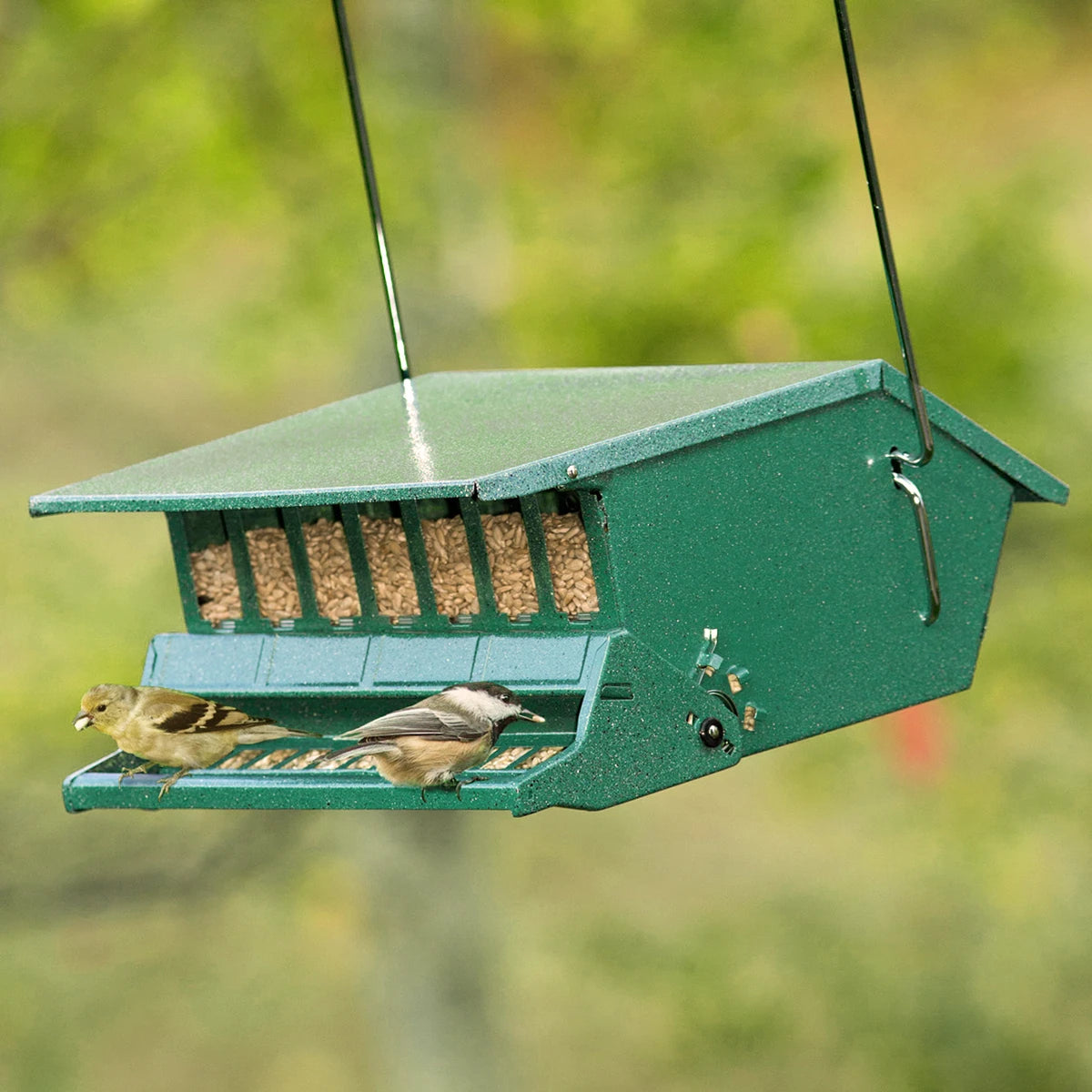 Green metal Squirrel Resistant Birder's Choice feeder with two songbirds eating, features multi-compartment seed storage and weight-activated perch to prevent squirrel access.