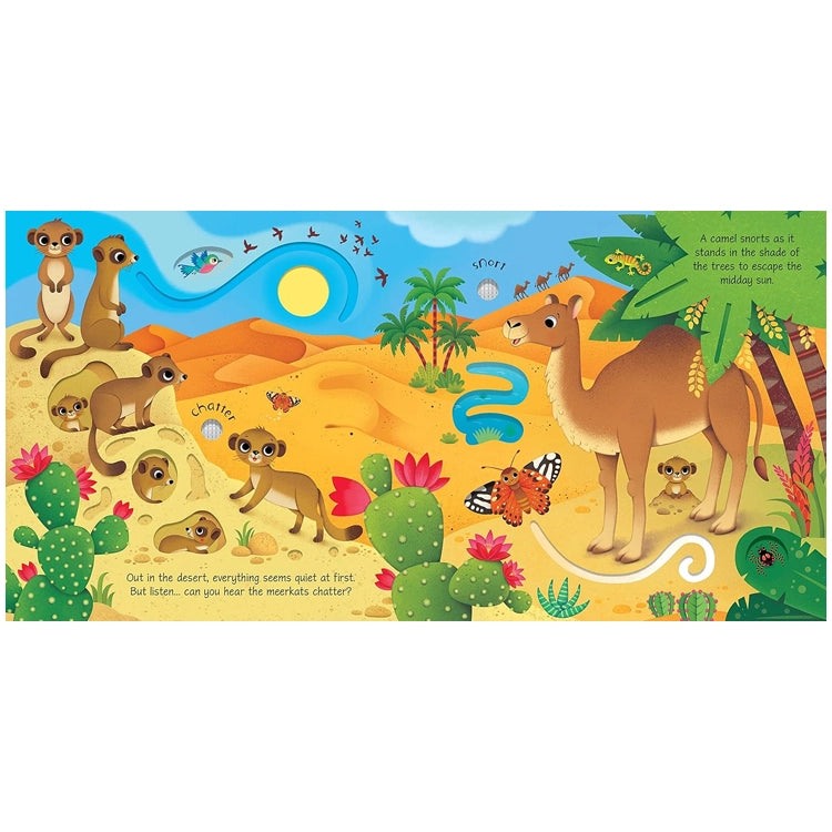 Children's book spread featuring meerkats, camel, and desert scene from Wild Animals Sound Book: Sam Taplin, illustrating animal homes with interactive elements.