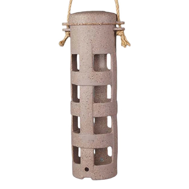 Nut Husks Suet Ball Feeder, a cylindrical bird feeder, designed for clinging birds, holds four suet balls, made from recycled agricultural waste, includes twine hanger.