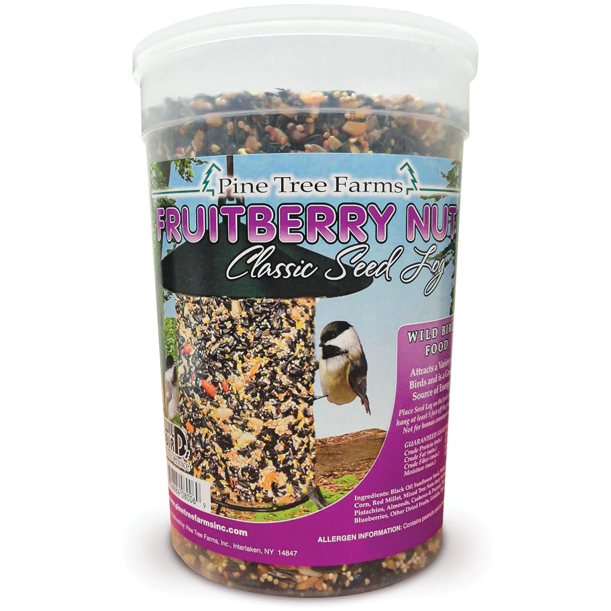 Fruitberry Nut Seed Log, Regular: A cylinder of wild-bird food with seeds, nuts, and dried fruits in a clear plastic tub. Perfect for diverse bird attraction.