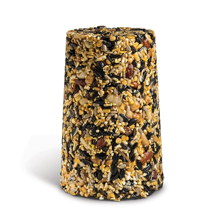 Woodpecker Seed Log, Regular: A close-up of a large cylindrical seed log packed with mixed nuts and seeds, ideal for woodpeckers, with a central hole for easy feeding.