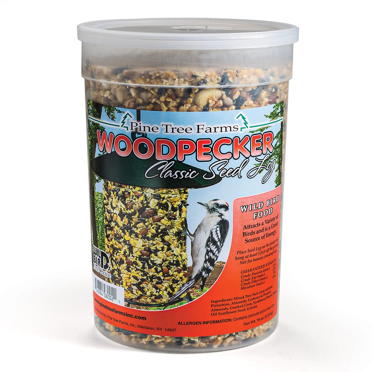Woodpecker Seed Log, Jumbo: A clear tub containing a compressed log of mixed seeds and nuts, designed for hanging outdoors to attract woodpeckers and songbirds.
