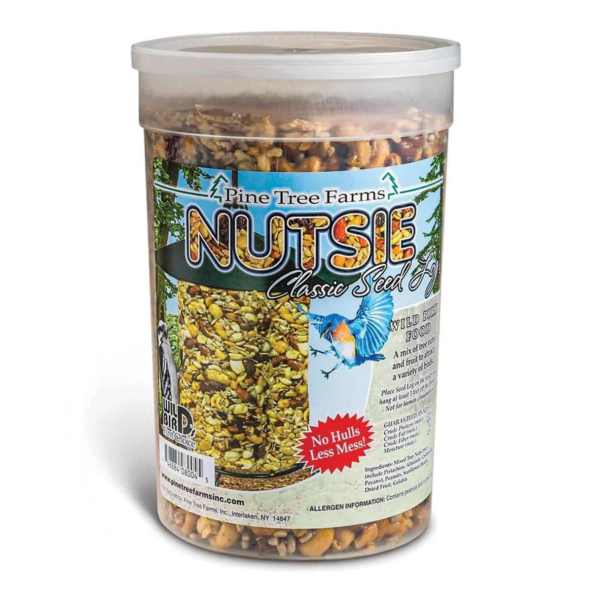 Nutsie Seed Log, Regular: A clear tub of mixed nuts, seeds, and dried fruit cylinder for wild birds, featuring a No Hulls, Less Mess label.