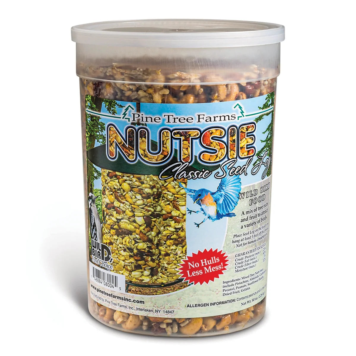 Nutsie Seed Log, Jumbo: A plastic tub containing a compressed cylinder of hulled nuts, seeds, and dried fruit for wild birds, featuring a No Hulls, Less Mess! label.