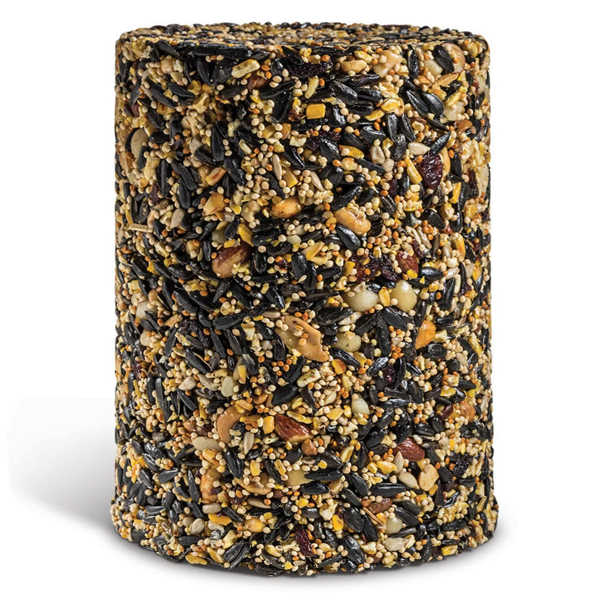 Fruitberry Nut Seed Log, Jumbo: A dense cylindrical block of mixed seeds and nuts, designed to attract diverse birds, featuring a center hole for easy hanging.