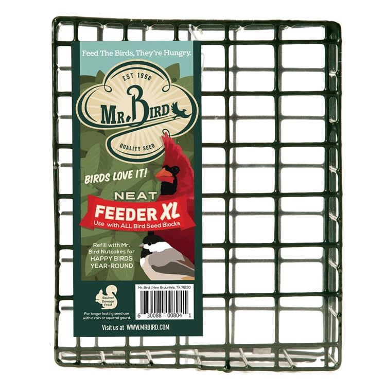 Mr. Bird Large Seed & Suet Block Cage, a durable wire-cage feeder in retail packaging, designed for large seed or suet blocks, includes a hanging chain.