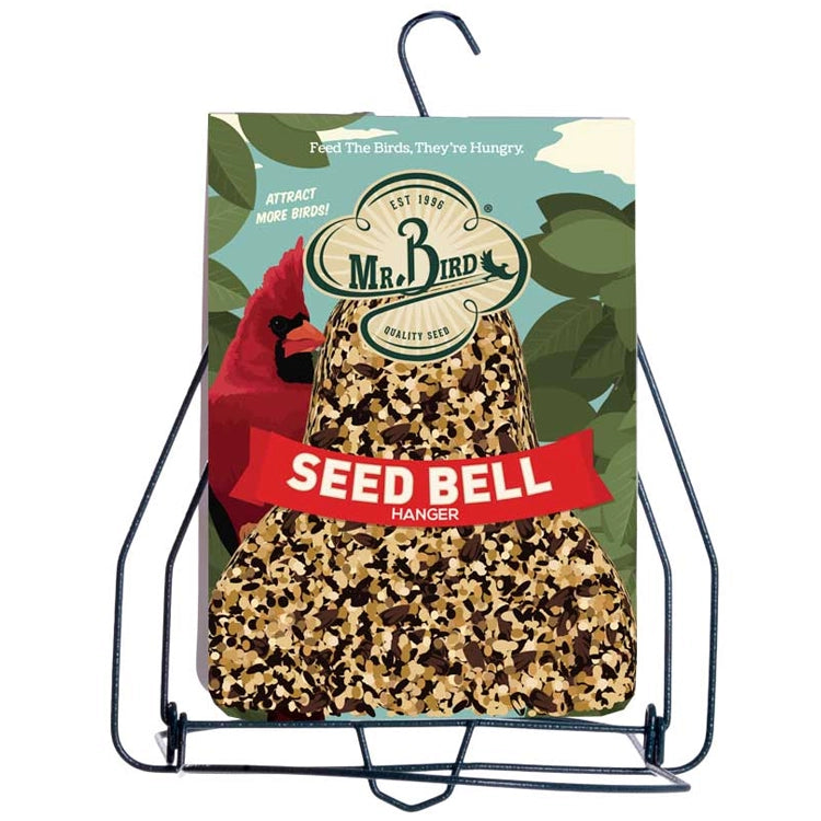 Mr. Bird Seed Bell Hanger with fold-down perches and retail packaging.