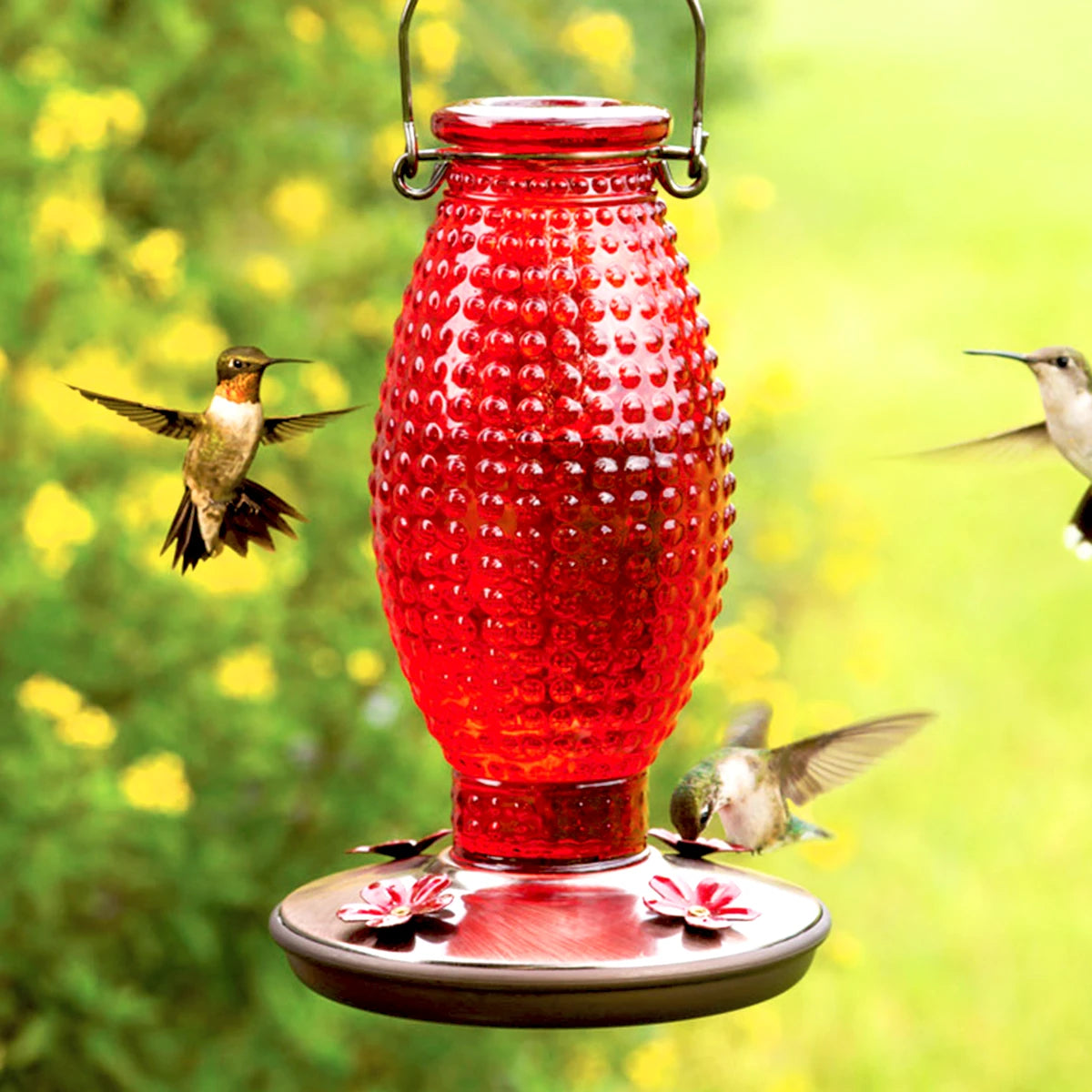 Red Hobnail Hummingbird Feeder with textured glass, metal tray, and flower-shaped ports, surrounded by hummingbirds, showcasing its capacity to attract and feed them.