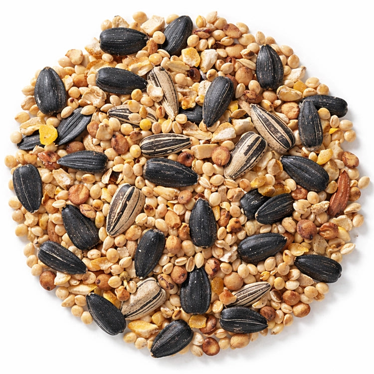 Duncraft Traditional Mix Wild Bird Seed, 5-lb bag, featuring sunflower seeds, millets, cracked corn, and sorghum, attracts finches, sparrows, and chickadees.
