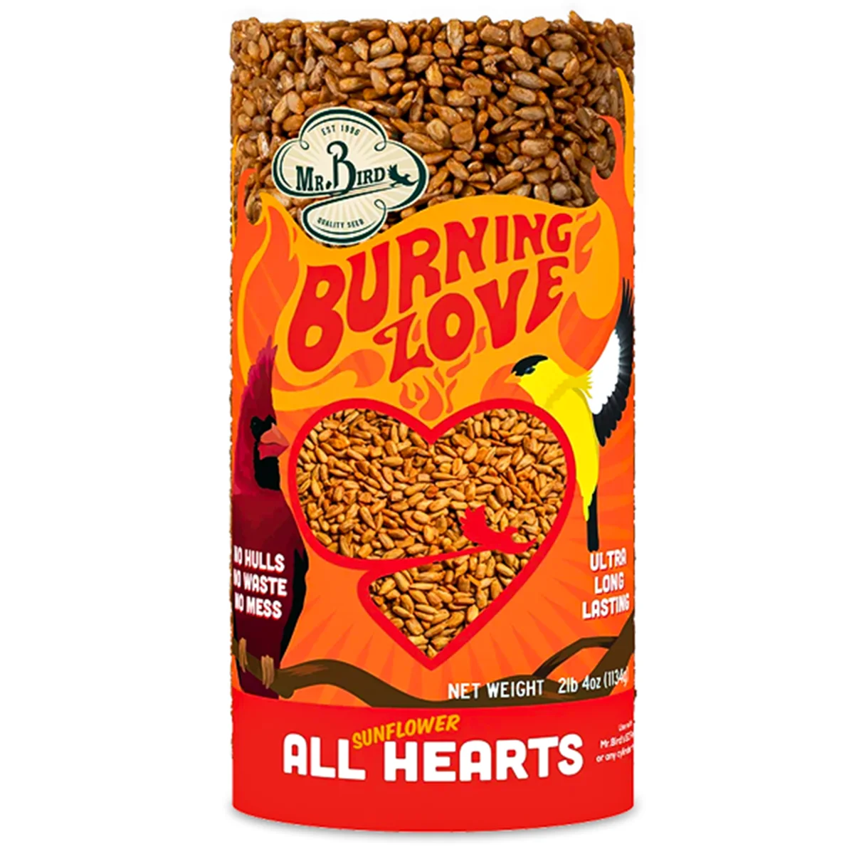 Burning Love Cylinder Small: A cylindrical canister of Mr. Bird sunflower hearts with heart-shaped window, promising no mess and deterring squirrels with capsaicin.