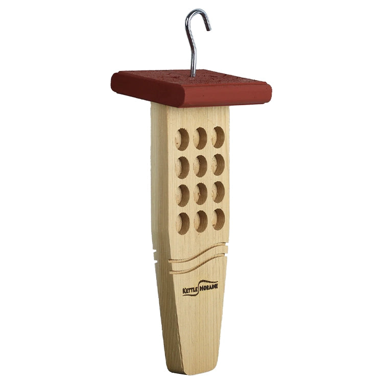 Cedar bark butter feeder with 12 feeding wells and weather-resistant red recycled-plastic roof.