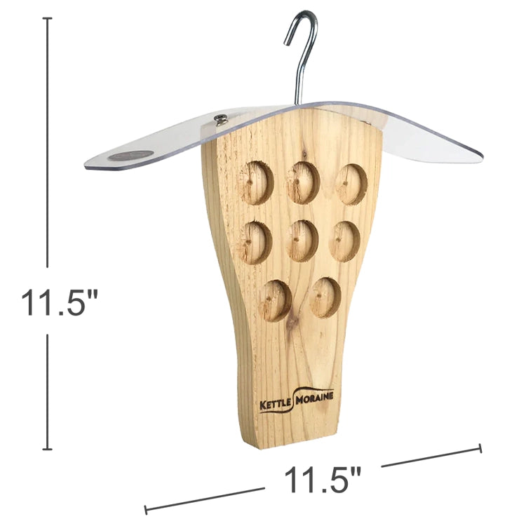 Dimensions of a cedar bark butter feeder measuring 11.5 inches high by 11.5 inches wide.