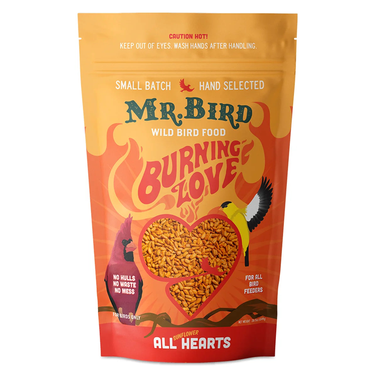 Mr. Bird Burning Love Wild Bird Seed, 4-lb bag, featuring sunflower hearts and hot pepper oil, designed to attract birds while deterring squirrels.