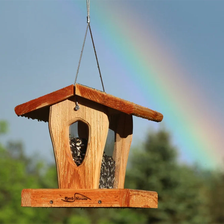 Hanging cedar hopper bird feeder with panoramic seed reservoir and protective roof.