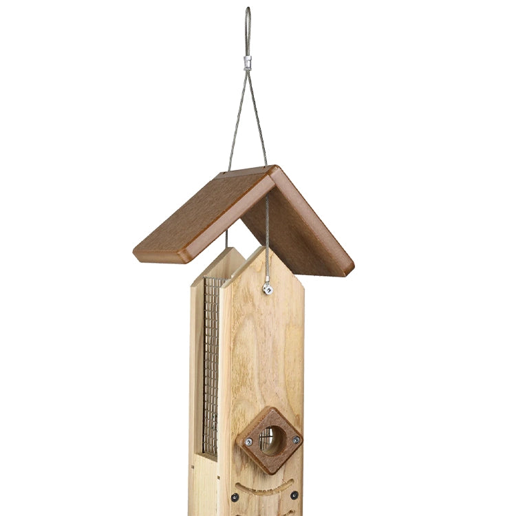 Back view of a hanging cedar sunflower seed feeder with weather-resistant recycled plastic roof.