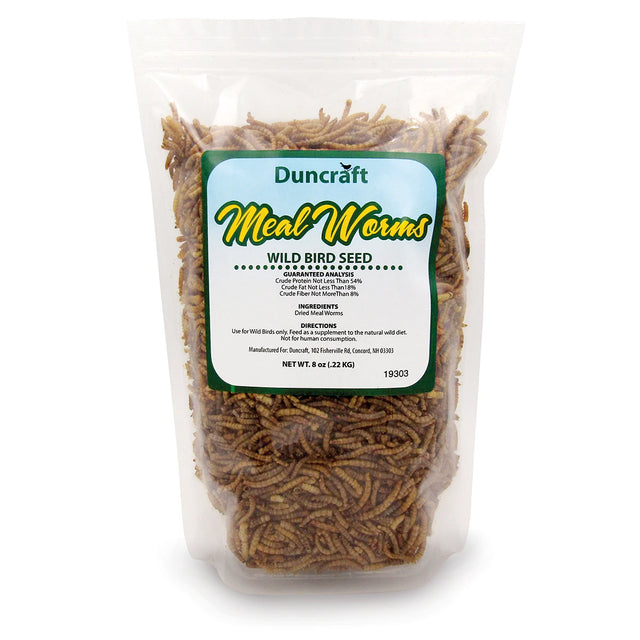 Duncraft Dried Mealworms, 8 oz. resealable bag filled with tan, worm-shaped dried insects, labeled for wild bird feeding with high protein benefits.