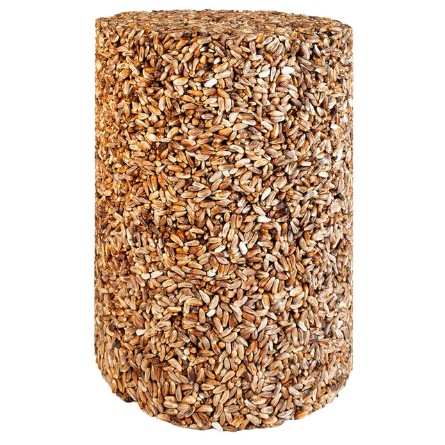 Duncraft Supreme Safflower Seed Cylinder Large, a compact, log-shaped birdseed block, ideal for attracting cardinals and chickadees, designed to deter squirrels.
