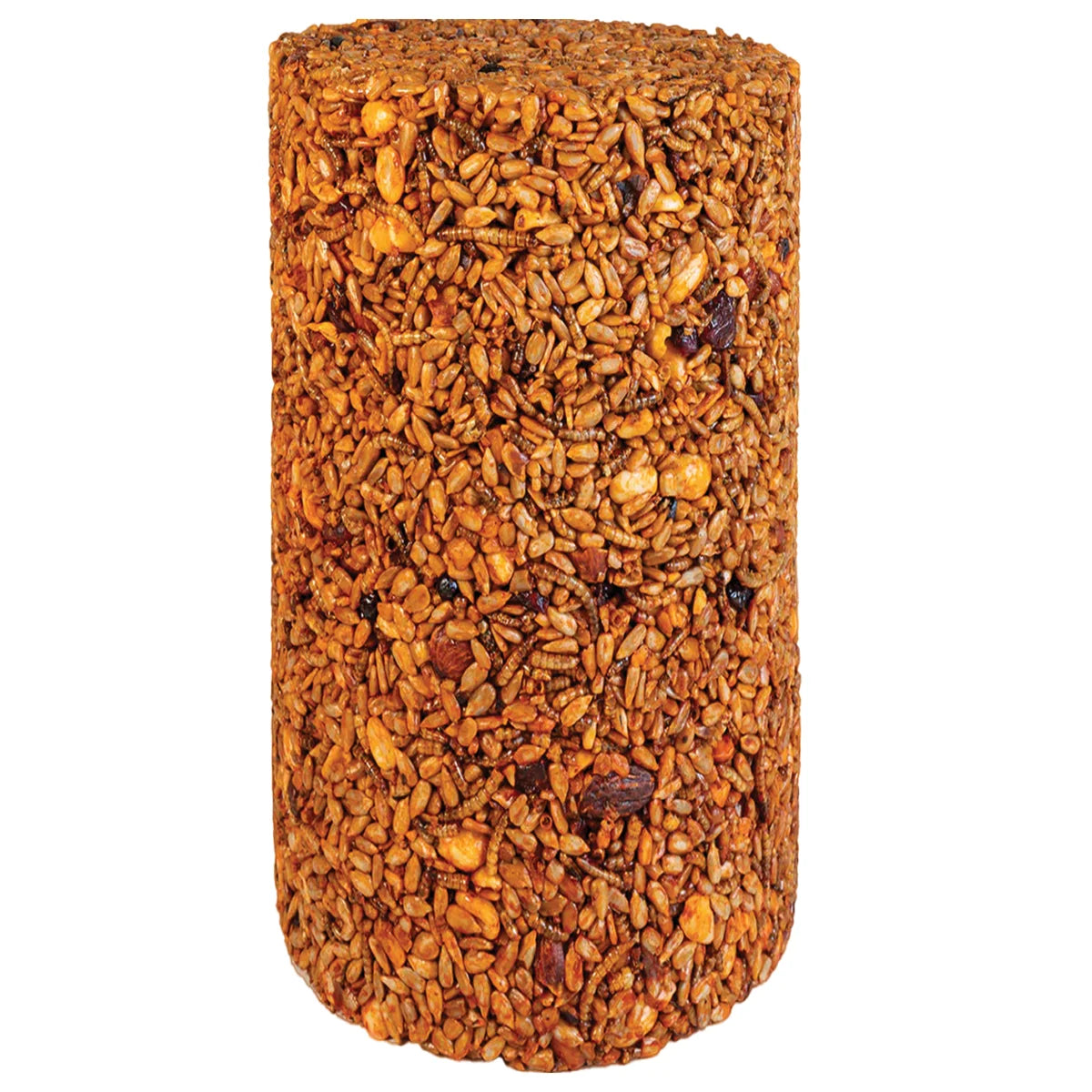 Sizzling Nuts & Bugs Seed Cylinder, Small: Compressed seed log with birdseed, dried fruit, and mealworms, designed for backyard feeders; attracts birds, deters squirrels.