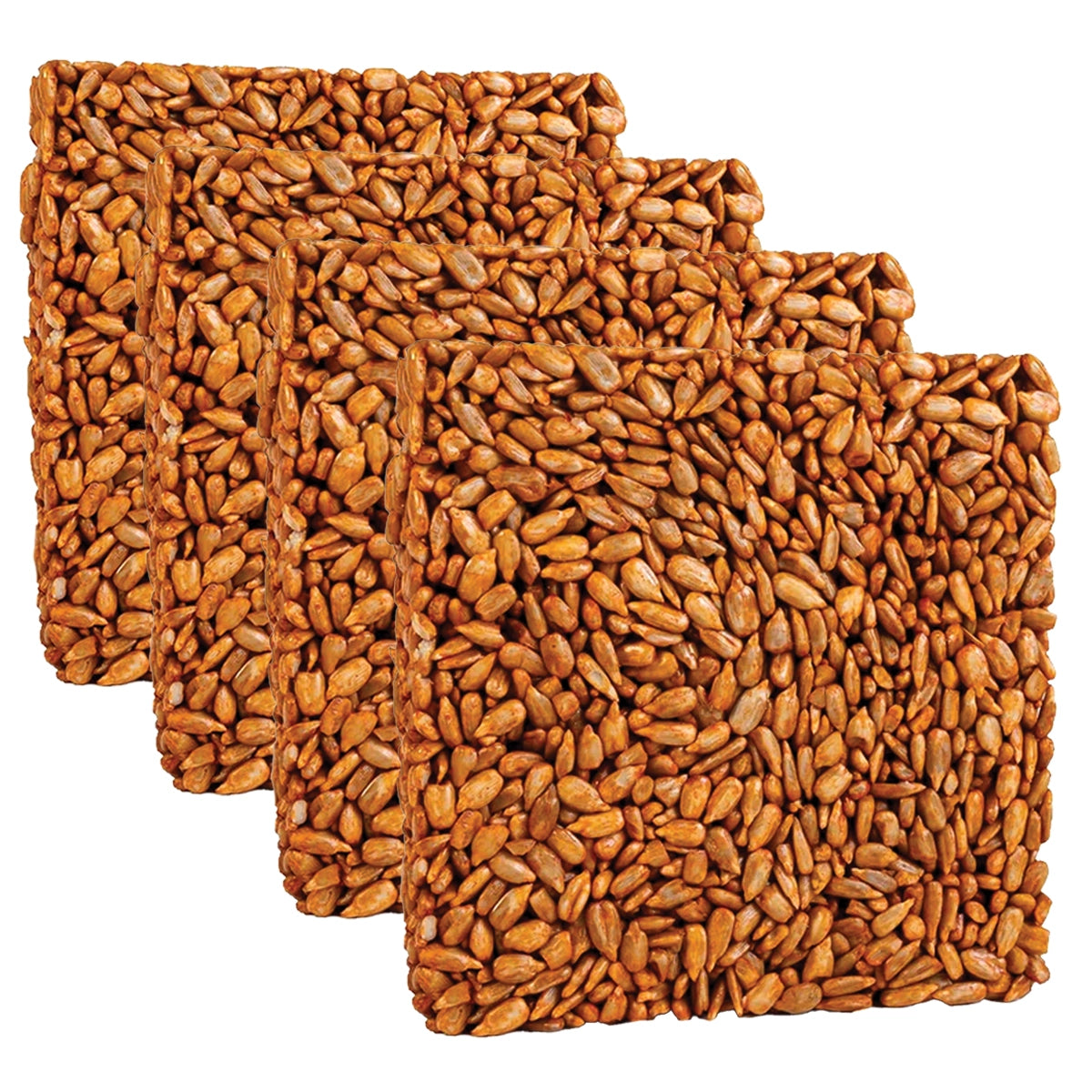 Sizzling Hearts Seed Cake, Set of 4: Rectangular bars of sunflower seeds bound with syrup, designed to attract birds and deter squirrels, ideal for feeders.