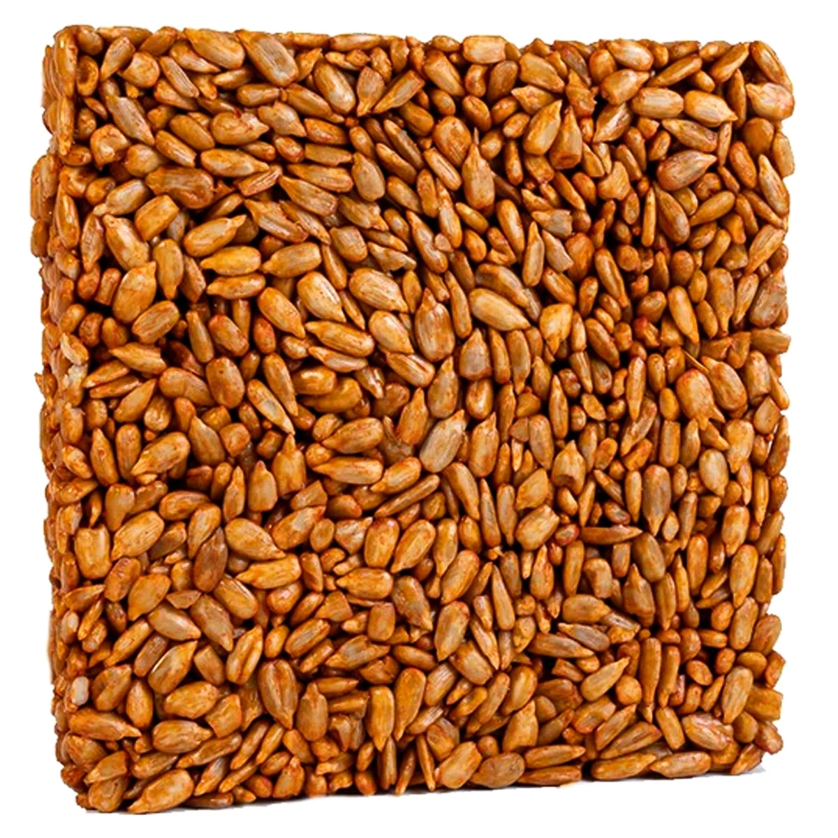 Sizzling Hearts Seed Cake, Small: A square snack bar of hulled sunflower seeds bound together, designed to attract birds while deterring squirrels with capsaicin.