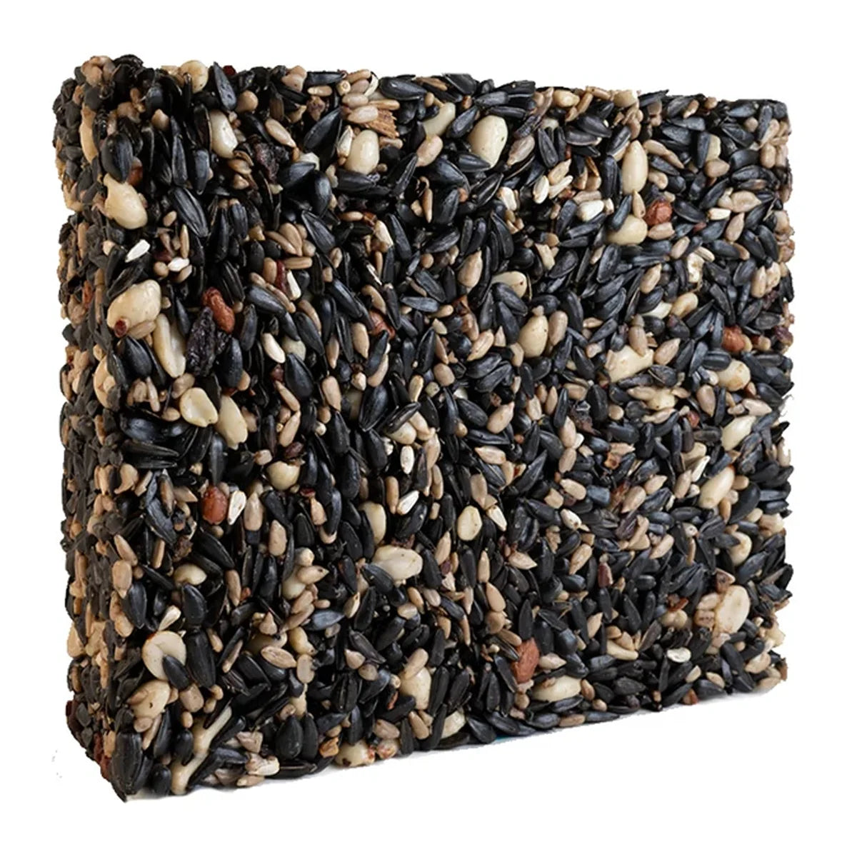 Four Seasons Seed Cake, Large: A compressed block of bird-feed seeds including sunflower, peanuts, and safflower, ideal for year-round feeding of various wild birds.