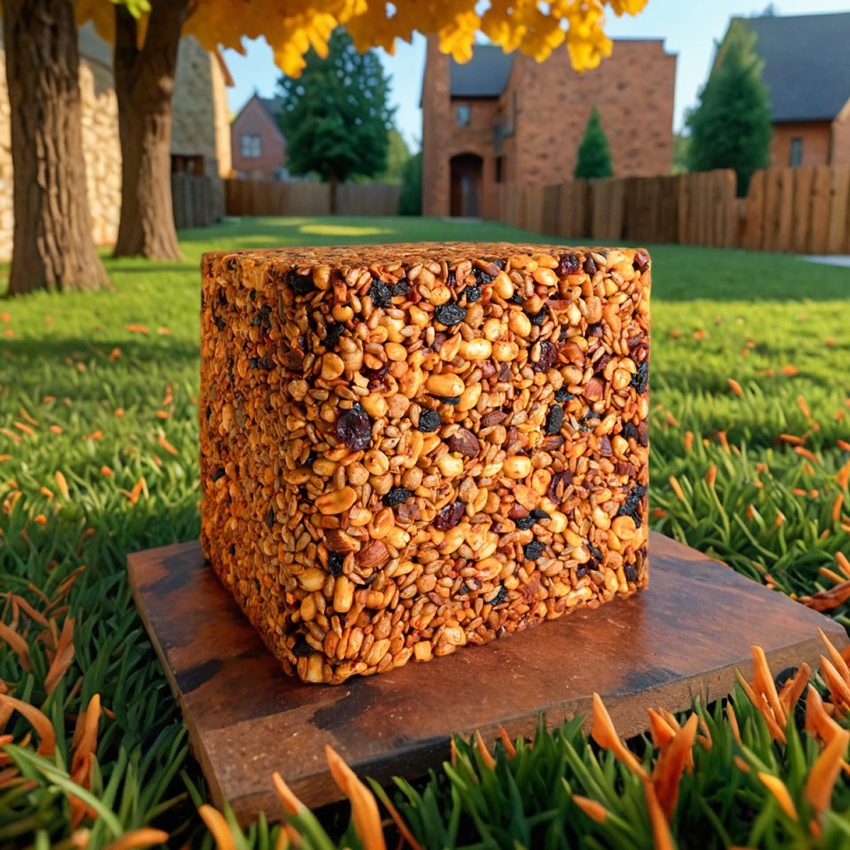 Duncraft Sizzling Hi-Energy Woodpecker Jumbo Seed Block on a wooden block in grass, featuring nuts and raisins, designed to attract woodpeckers.