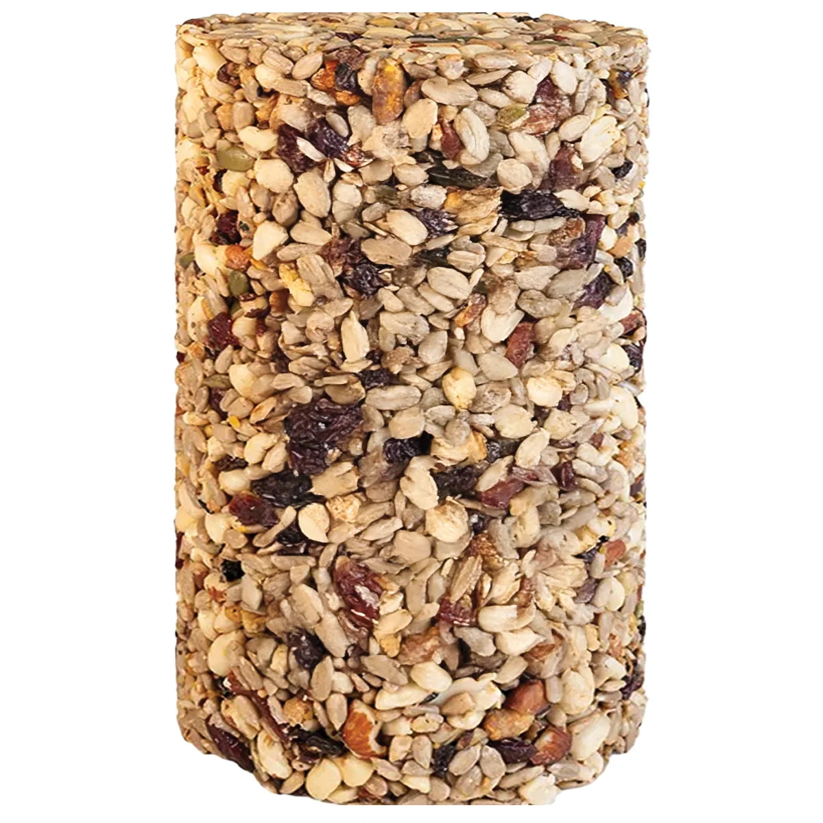 Hi-Energy Woodpecker Seed Cylinder, Large, featuring a compact mix of seeds, nuts, and fruit bits, designed for cylinder or platform feeders to attract woodpeckers.