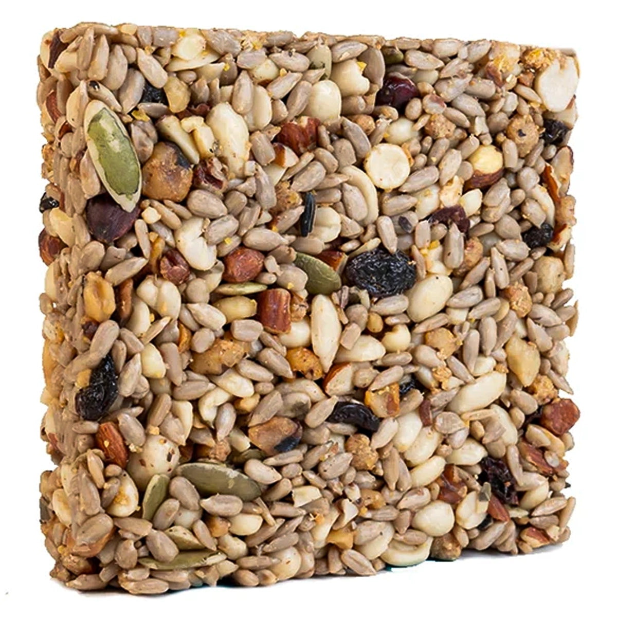 Duncraft Woodpecker Blend Seed Cake, Small, features mixed seeds, nuts, and dried fruit, forming a compact block ideal for woodpeckers and nut-loving birds.