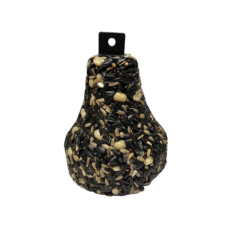 Duncraft Four Seasons Seed Bell shaped like a pear, made with premium seeds and peanuts, designed to nourish wild birds year-round.