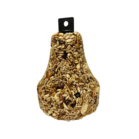 Duncraft Nuts and Bugs Seed Bell, shaped like a bell, made from sunflower seeds, tree nuts, and mealworms, designed to attract and nourish wild birds.