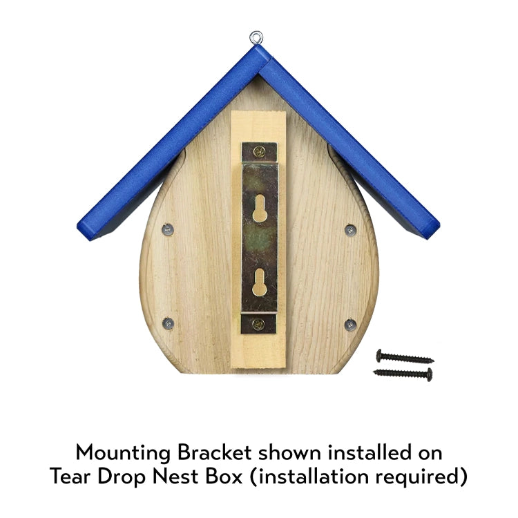 Back view of teardrop birdhouse showing optional mounting bracket for tree, fence, or post installation.