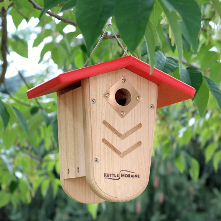 Cedar hanging birdhouse with red recycled plastic roof displayed in a backyard tree.