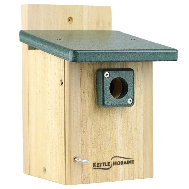 Cedar chickadee and wren nesting box with green recycled plastic roof and durable construction.