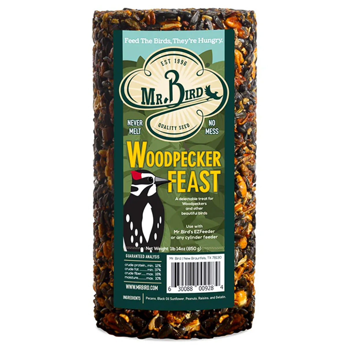 Woodpecker Feast Cylinder Small, a compact bird seed log with high-energy seeds and nuts, designed for tube or platform feeders, attracting diverse bird species.
