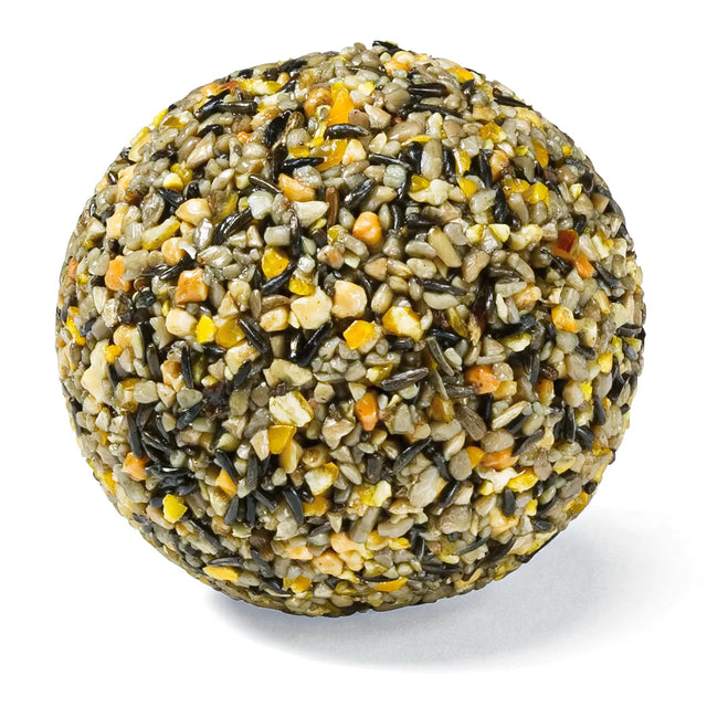 Duncraft Super No-Waste Wild Bird Seed Balls, featuring a compact, colorful mixture of grains, designed for easy use in feeders, promoting mess-free bird feeding.
