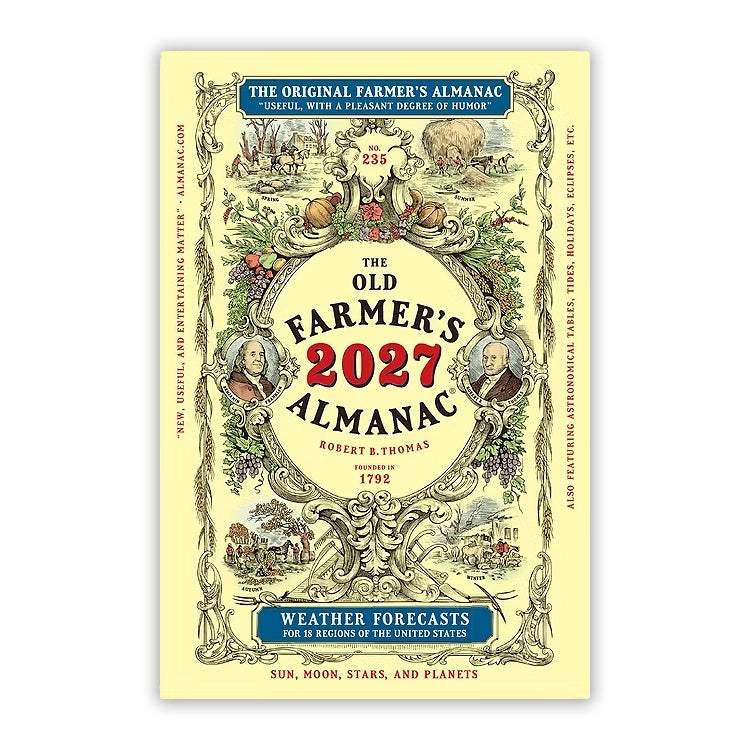 The Old Farmer's Almanac 2027 edition featuring its classic illustrated yellow cover with weather forecasts, astronomical tables and seasonal gardening information